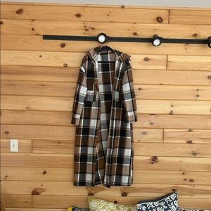 Plaid Long Hooded Coat - Brown/Black/White